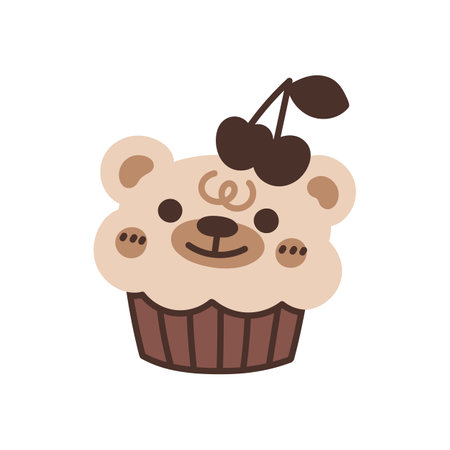 bear cupcake. Sweet chocolate muffins. Choco dessert decorated cherry berries. Flat vector illustration isolated on white backgroundのイラスト素材