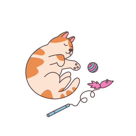 Cat with red spots has had enough of playing with toys and is resting. Cute kitty. Funny adorable animal. Graphic vector illustration isolated on white backgroundのイラスト素材