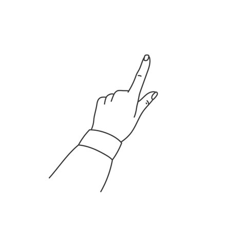 Female hand, Index finger points or presses something. Hand gesture. Line art vector illustration isolated on white background. Realistic styleのイラスト素材