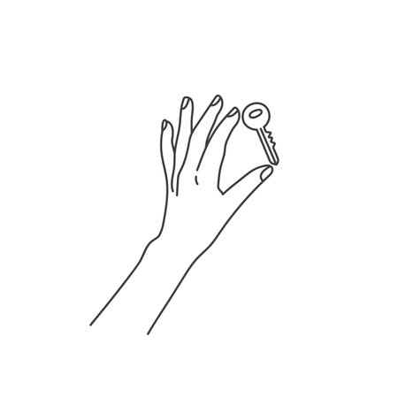 Woman's hand holds a key to a house or apartment. Line art vector illustration isolated on white background. Realistic styleのイラスト素材