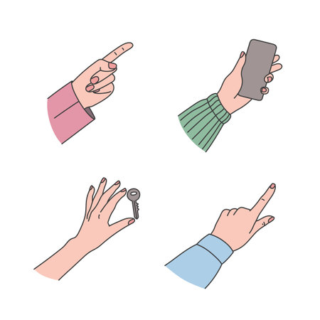 Female hands. Hand gestures. Index finger points or presses something. Pointing finger. Woman's hand holds a key to a house or apartment. Hand holding mobile phone. Line art flat vector illustrationのイラスト素材