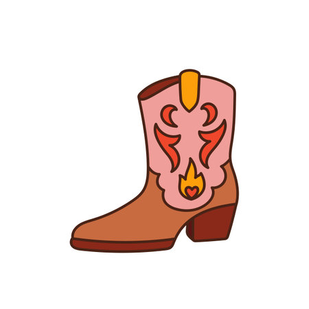 cowboy boots. Western footwear decorated with ornament, fire and heart. trendy shoes. women foot wearing. wild west clipart. Vector illustration isolated on white backgroundのイラスト素材