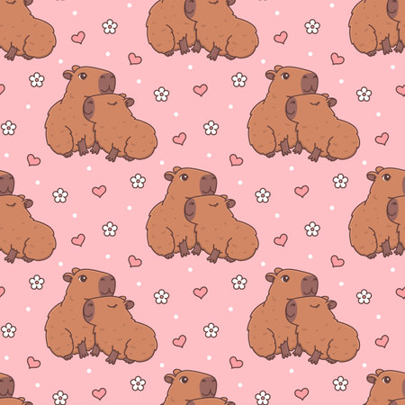 Seamless pattern with cute hugging capybaras in love. Funny cartoon rodent couple characters with heart and flower. Vector illustration. Animal printのイラスト素材
