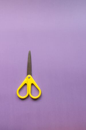 Yellow scissors isolated on a purple background. Copy space for text.の写真素材