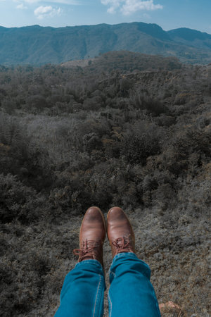 feet with brown shoes pointing towards a surreal landscape