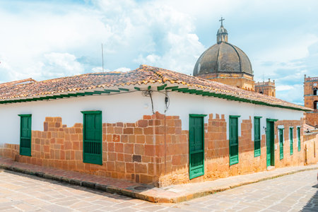 Colonial street corner of Barichara Santander with a house with stone walls and clay tilesの写真素材