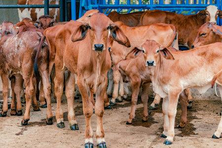 red Brahman calves looking at camera in the middle of the herdの写真素材