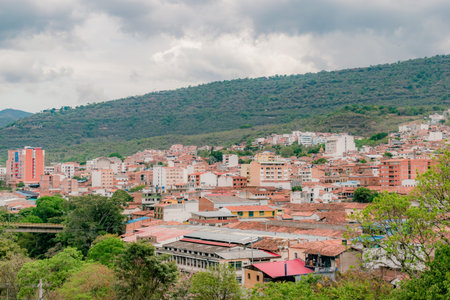 landscape of the city of San Gil, Santander, Colombia from the mountains, with green vegetation in...
