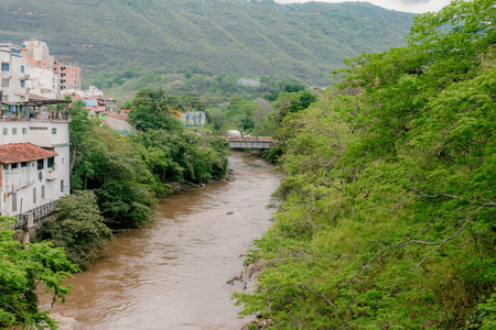 landscape of the Fonce River in the rainy season as it passes through the city of San Gil which can be seen on the side of the riverの写真素材