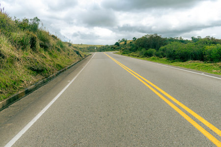 mountainous landscape with a road that disappears into the horizon in a cold climate and green...