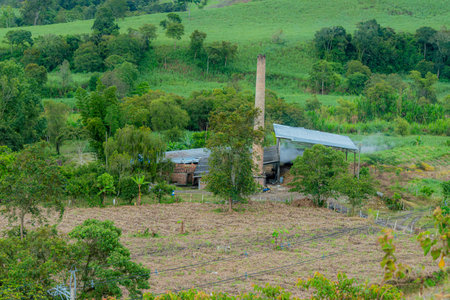 Rustic panela factory, or trapiche, nestled among sugarcane plantations in the rural landscape of Mogotes, Santander, Colombia. A glimpse into traditional Colombian agriculture.の写真素材