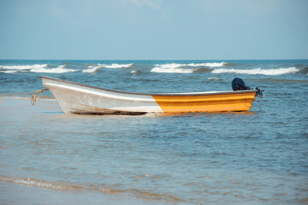 Small fishing boat partially submerged in shallow water near a tranquil sandy shore, with gentle...