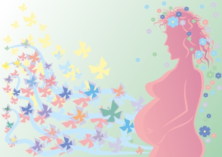 Silhouette of the pregnant woman against butterflies.のイラスト素材