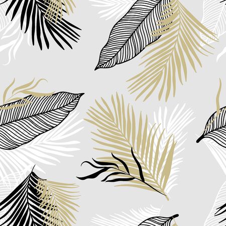 Tropical Leaves Seamless Pattern - elegant gold, black and white leaves - great for textiles, fabrics, wallpapers, banners, cards - surface designのイラスト素材