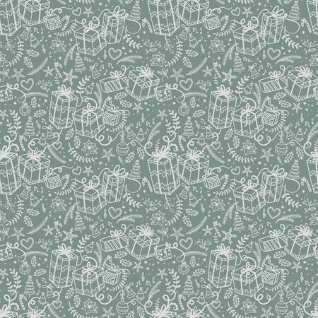 Fun and elegant christmas seamless pattern with christmas gifts and decoration - hand drawn doodles - great for wrapping, textiles, backdrop - vector surface designのイラスト素材