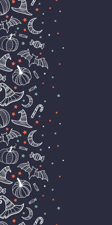Creative halloween seamless pattern, hand drawn pumpkins, bats, witch hats and candy, detailed ornaments, great for textiles, banners, wallpapers, invitations or wrapping - vector surface design.のイラスト素材