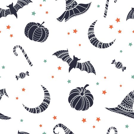 Creative halloween seamless pattern, hand drawn pumpkins, bats, witch hats and candy, detailed ornaments, great for textiles, banners, wallpapers, invitations or wrapping - vector surface design.のイラスト素材