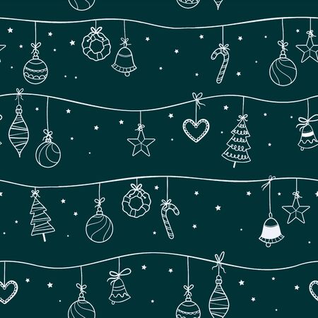 Fun hand drawn christmas baubles seamless pattern, christmas tree ornaments hanging on branches with ribbons - vector surface designのイラスト素材
