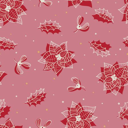 Beautiful christmas pattern with Poinsettia plant, mistletoe and holly leaves. Hand drawn elements, creative and elegant, great for christmas prints, textiles, wrapping, banner, wallpaper - vectorのイラスト素材