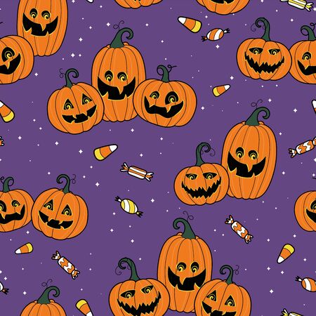 Cute and fun halloween pumpkins seamless pattern, smiling pumpkin faces - great for halloween wallpapers, banners, prints or party invitations.のイラスト素材