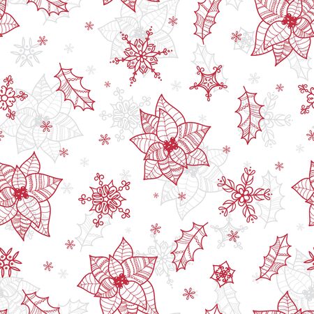 Beautiful christmas pattern with Poinsettia plant, mistletoe and holly leaves. Hand drawn elements, creative and elegant, great for christmas prints, textiles, wrapping, banner, wallpaper - vectorのイラスト素材