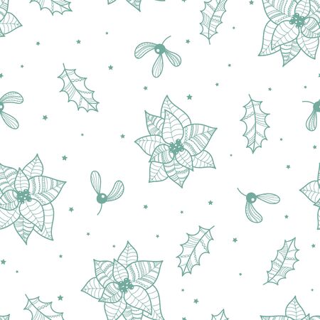 Beautiful christmas pattern with Poinsettia plant, mistletoe and holly leaves. Hand drawn elements, creative and elegant, great for christmas prints, textiles, wrapping, banner, wallpaper - vectorのイラスト素材