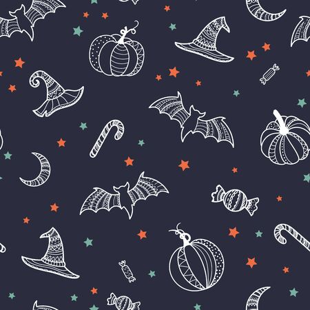 Creative halloween seamless pattern, hand drawn pumpkins, bats, witch hats and candy, detailed ornaments, great for textiles, banners, wallpapers, invitations or wrapping - vector surface design.のイラスト素材