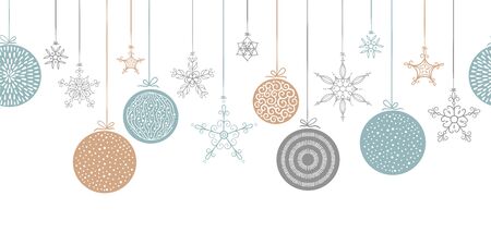 Elegant seamless pattern with hanging Christmas balls and stars. Hand drawn and creative baubles - Vector Illustration.のイラスト素材