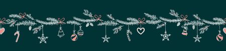Cute hand drawn horizontal seamless pattern with fir branches and hanging decoration, great for christmas banners, wallpapers, wrapping, textiles - vector designのイラスト素材