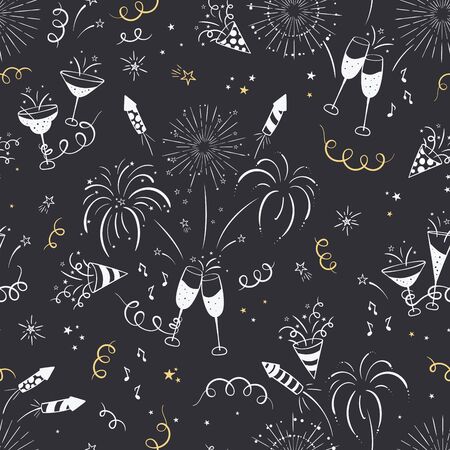 Fun hand drawn New Years Party seamless pattern - firework, paper streamers, cocktails and rockets doodles, great for banners, wallpapers, textiles, wrapping - vector designのイラスト素材
