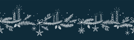 Cute hand drawn horizontal seamless pattern with candles, branches and christmas decoration - x mas background, great for textiles, banners, wallpapers - vector designのイラスト素材