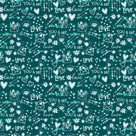 Cute hand drawn Valentine's Day seamless pattern, romantic doodles background with hearts, arrows, diamonds and type - great for textiles, wrapping, banner, cards, wallpaper, vector designのイラスト素材