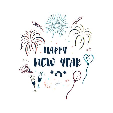 Fun hand drawn New Years type with firework doodles, streamers, stars doodles - great for party invitations, cardsのイラスト素材