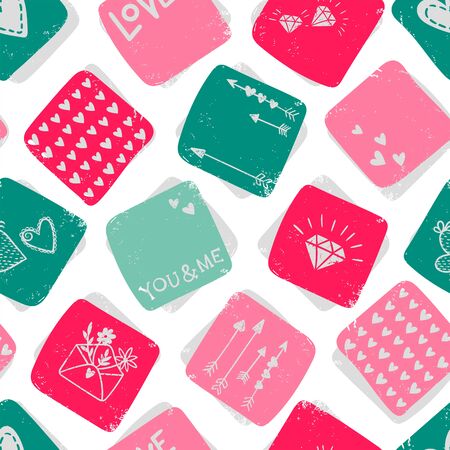 Cute hand drawn Valentine's Day seamless pattern, romantic doodles background with hearts, arrows, diamonds and type - great for textiles, wrapping, banner, cards, wallpaper, vector designのイラスト素材