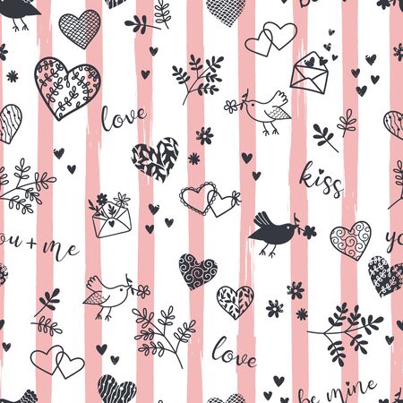 Cut hand drawn romantic seamless pattern, doodle hearts, birds, letters and type - great for textiles, banner, wallpapers, cards, wrapping - vector designのイラスト素材