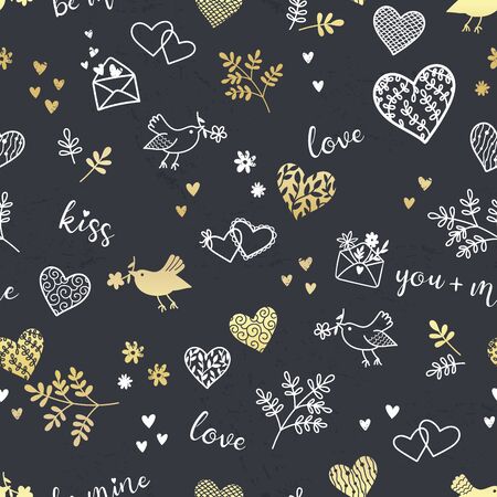 Cut hand drawn romantic seamless pattern, doodle hearts, birds, letters and type - great for textiles, banner, wallpapers, cards, wrapping - vector designのイラスト素材