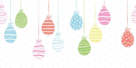 Cute hand drawn easter eggs horizontal seamless pattern, doodle eggs hanging - great for banners, wallpapers, invitations, vector designのイラスト素材