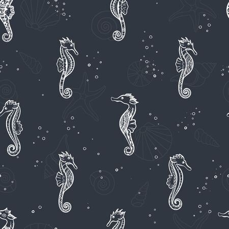 Cute hand drawn ornate sea horses seamless pattern, underwater theme background, great for fabrics, banners, wallpapers, wrapping - vector designのイラスト素材