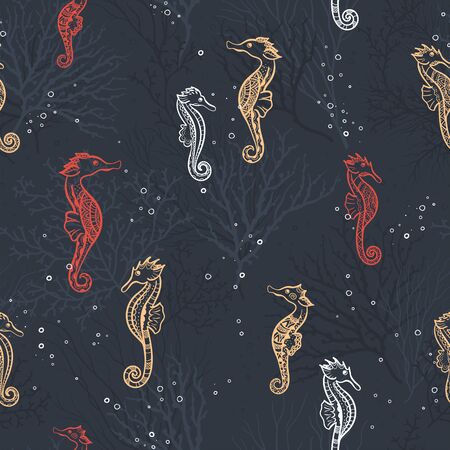 Cute hand drawn ornate sea horses seamless pattern, underwater theme background, great for fabrics, banners, wallpapers, wrapping - vector designのイラスト素材
