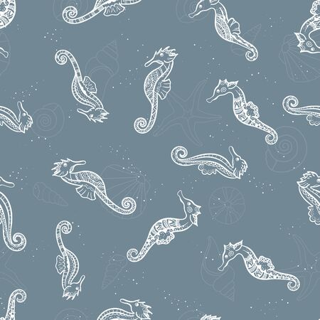 Cute hand drawn ornate sea horses seamless pattern, underwater theme background, great for fabrics, banners, wallpapers, wrapping - vector designのイラスト素材