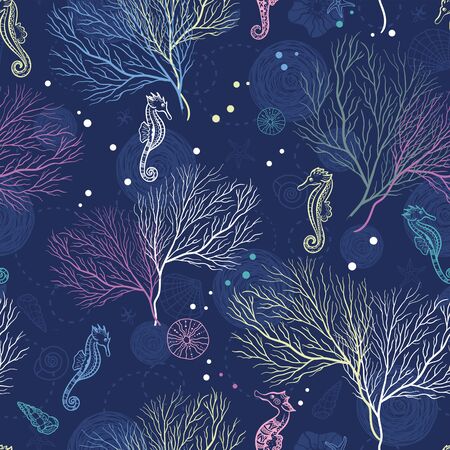 Cute hand drawn ornate sea horses seamless pattern, underwater theme background, great for fabrics, banners, wallpapers, wrapping - vector designのイラスト素材