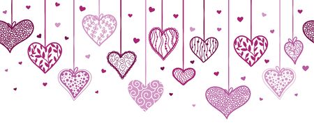 Cute hand drawn hanging doodle hearts horizontal seamless pattern, romantic background, great for textiles, valentines day wrapping, banner, wallpaper - vector designのイラスト素材