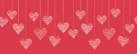Cute hand drawn hanging doodle hearts horizontal seamless pattern, romantic background, great for...
