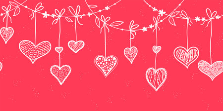 Cute hand drawn Valentines garland horizontal seamless pattern, romantic background, great for...