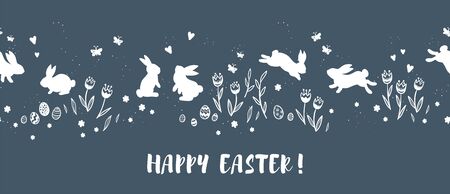 Cute hand drawn Easter horizontal seamless pattern with bunnies, flowers, easter eggs, beautiful background, great for Easter Cards, banner, textiles, wallpapers - vector designのイラスト素材