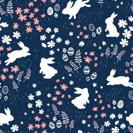 Cute ha nd drawn bunnies in a flower meadow, sweet easter pattern, with rabbits, flowers, easter eggs - great for textiles, easter cards, banners, wallpapers - vector designのイラスト素材