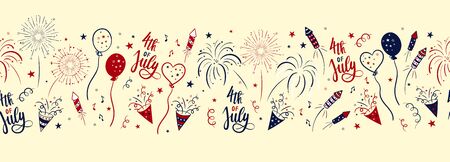 Fun hand drawn 4th July party horizontal seamless pattern, great for banners, wallpapers, textiles, wrapping, cards - vector designのイラスト素材