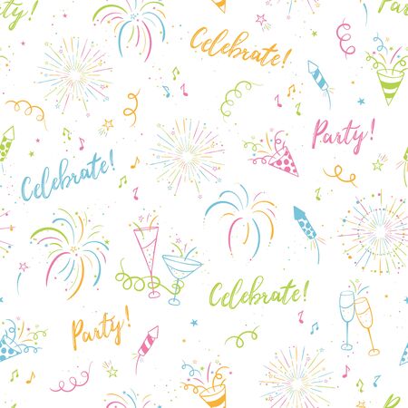 Cute hand drawn party seamless pattern, fun doodle background, great for banners, wallpapers, textiles, wrapping - vector designのイラスト素材