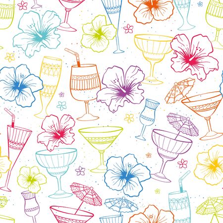 Cute hand drawn exotic flowers and cocktails seamless pattern, tropical background, great for banners, textiles, wallpapers, wrapping - vector designのイラスト素材