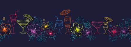 Cute hand drawn exotic flowers and cocktails horizontal seamless pattern, tropical background, great for banners, textiles, wallpapers, wrapping - vector designのイラスト素材